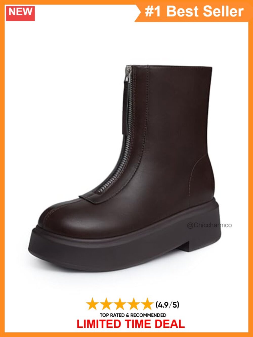 Platform Ankle Boots Faux Leather Round Toe Chunky Low Heel Front Zipper
